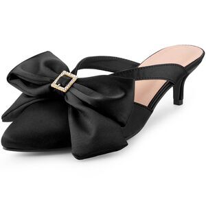 Bow Rhinestones Kitten Heels Satin Slide Mules for Women, Black